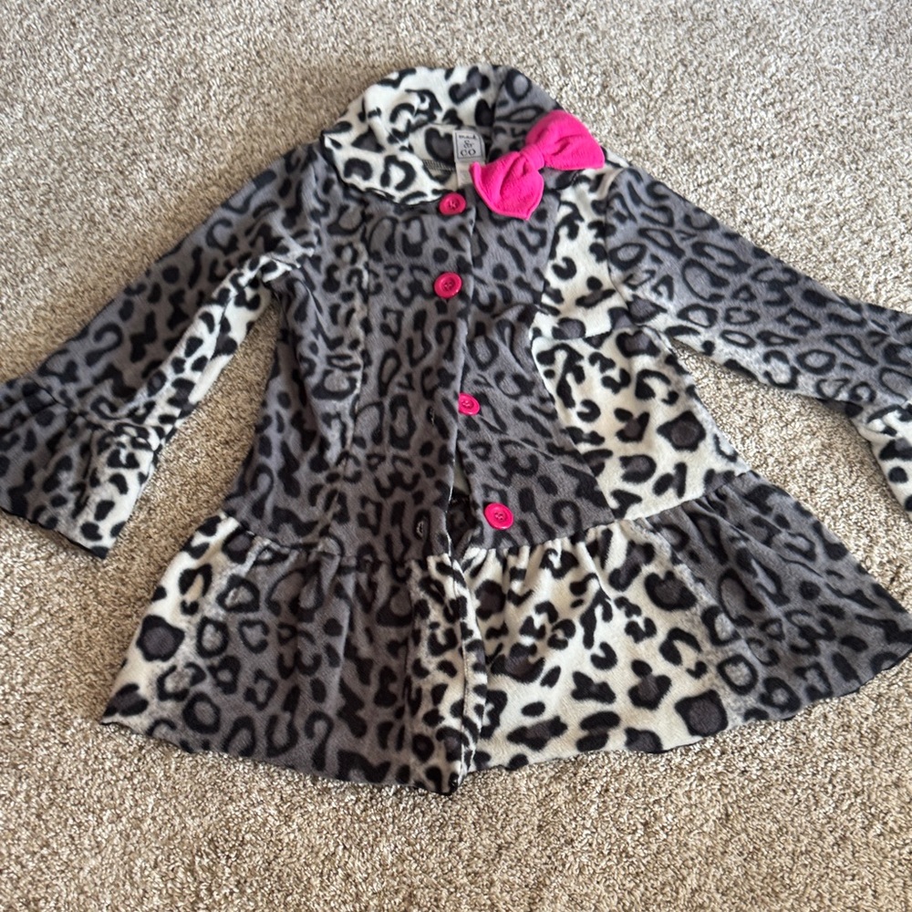 Mac & Co Leopard Print Kids Coat with Pink Buttons & Bow
